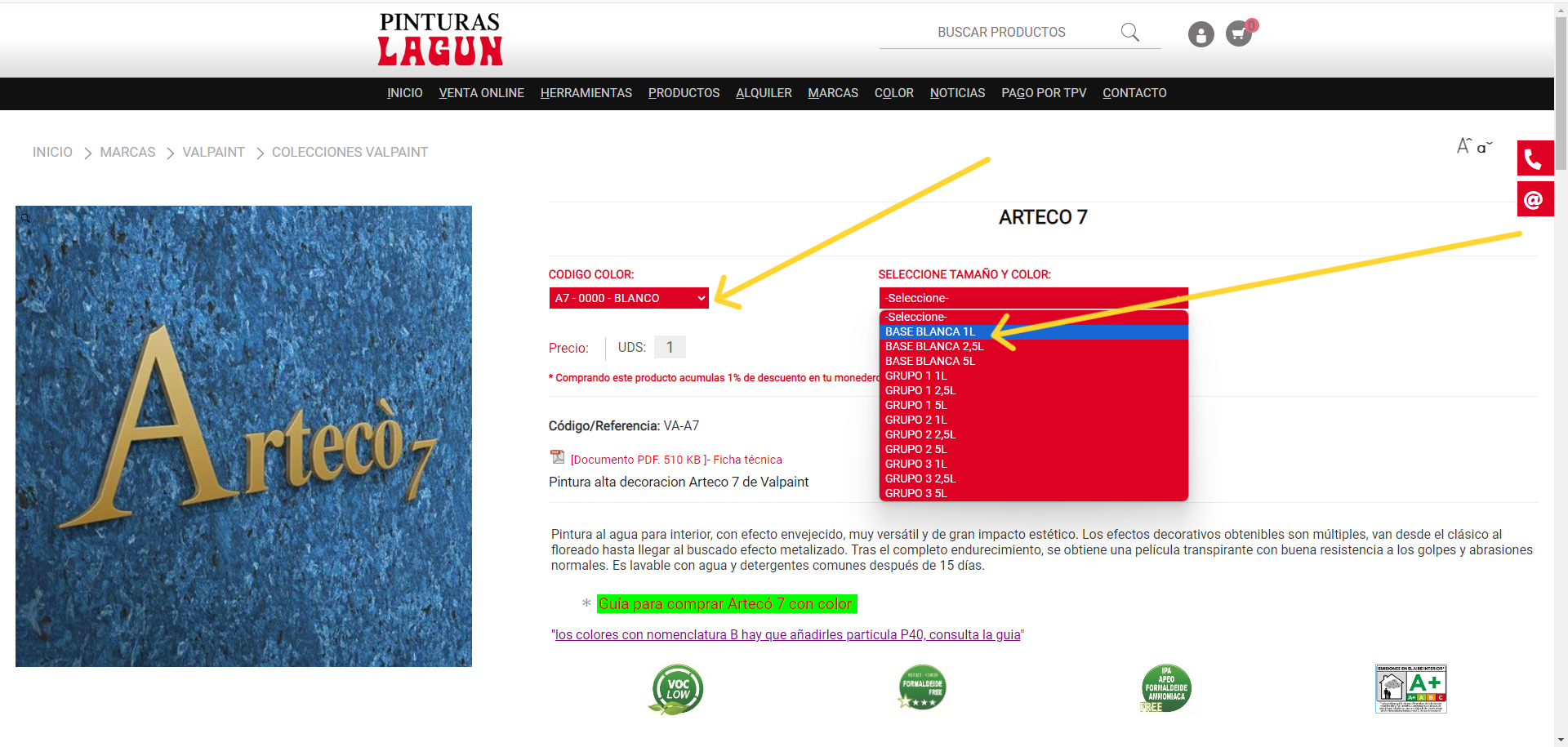 Seleccionar tama&ntilde;o Artec&oacute; 7